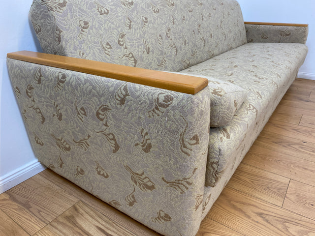 WMK # Formschlichtes und sehr gut erhaltenes 60er Jahre Sofa mit Schlaffunktion, Bettwäschefach, Federkern und freundlichem Originalbezug # Couch Schlafsofa Schlafcouch Klappcouch Mid-Century Vintage