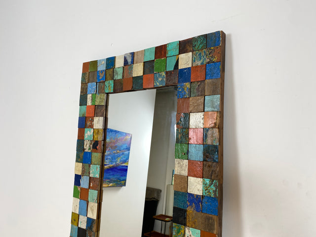 Boatwood by WMK # Einzigartiger 65x200cm großer Wandspiegel aus altem Bootsholz, ein handgefertigtes Unikat in Originalfarben # bunter Spiegel Standspiegel Mirror Flurspiegel Treibholz Bootsmöbel