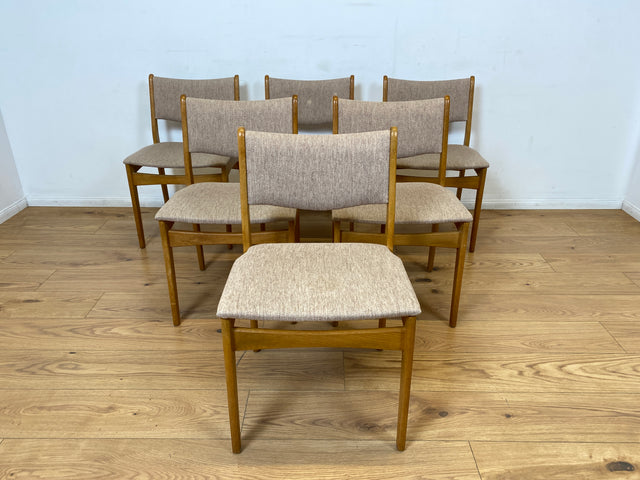WMK I 6er Set skandinavischer Designerstühle von Johannes Andersen aus Eiche mit beigem Originalbezug