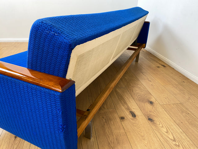 WMK # Blauer wird's nicht! Sehr schönes und bequemes 70er Jahre Sofa in kräftigem Blau mit Schlaffunktion und Bettwäschefach # Couch Schlafcouch Klappsofa Klappcouch Daybed Mid-Century Retro Vintage