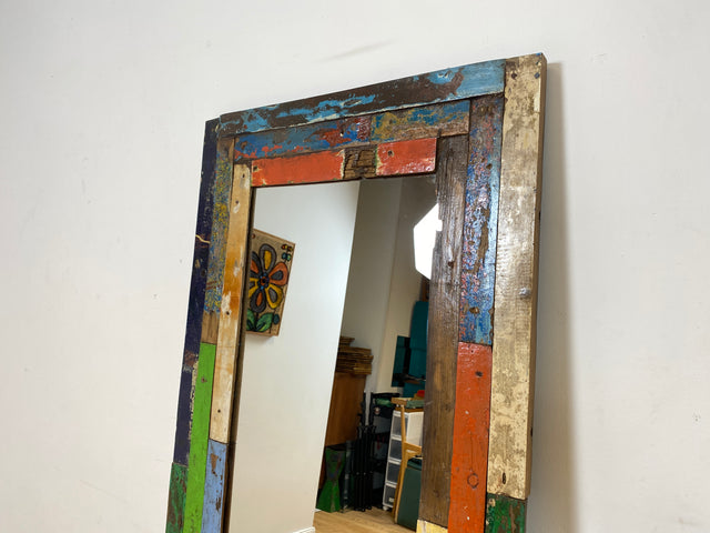 Boatwood by WMK I 70x180cm großer Spiegel I handgefertigtes Unikat aus altem Bootsholz in Originalfarben I bunter Wandspiegel Standspiegel Ganzkörperspiegel Flurspiegel Garderobe Berlin Köln Hannover