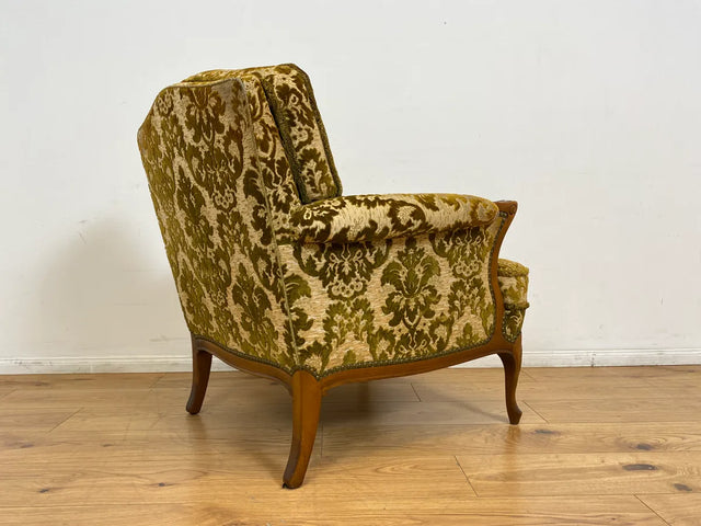 WMK # 1/2 Eleganter, gemütlicher und sehr gut erhaltener Chippendale Sessel mit wunderbarem Brokat Bezug & handverziertem Holzrahmen # Lesesessel Armchair Sitzgarnitur Stilmöbel Barock Rokoko Vintage