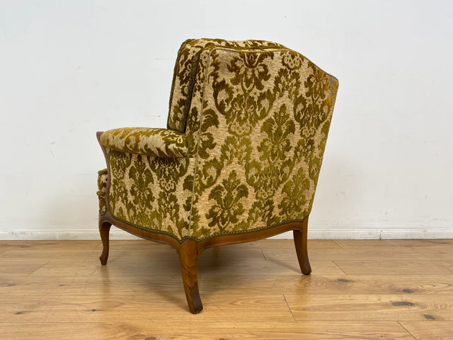 WMK # 1/2 Eleganter, gemütlicher und sehr gut erhaltener Chippendale Sessel mit wunderbarem Brokat Bezug & handverziertem Holzrahmen # Lesesessel Armchair Sitzgarnitur Stilmöbel Barock Rokoko Vintage