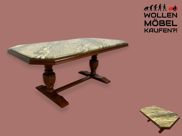 WMK I Klassischer großer 90er Jahre Couchtisch im antiken Stil mit wunderschöner Marmor Tischplatte, höhenverstellbar I Wohnzimmertisch Coffee Table Stilmöbel 80er Marmortisch Berlin Görlitz Duisburg