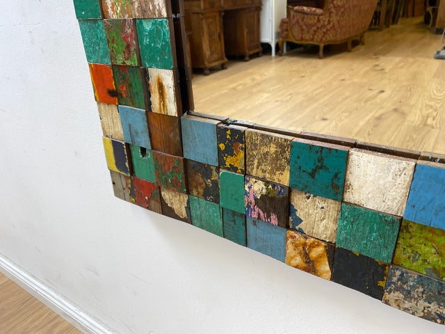 Boatwood by WMK # Bunterschöner 80x120 Wandspiegel , ein handgefertigtes Unikat aus altem Bootsholz in Originalfarben # bunter Spiegel Flurspiegel Holzrahmen Badspiegel Mirror Treibholz Bootsmöbel