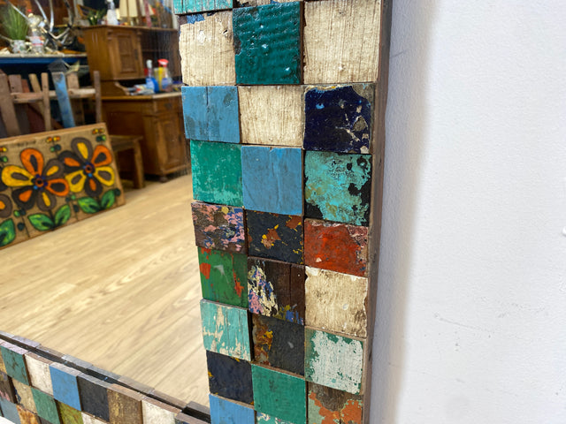 Boatwood by WMK # Bunterschöner 80x120 Wandspiegel , ein handgefertigtes Unikat aus altem Bootsholz in Originalfarben # bunter Spiegel Flurspiegel Holzrahmen Badspiegel Mirror Treibholz Bootsmöbel