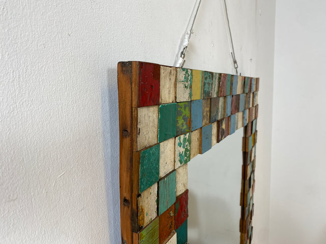 Boatwood by WMK # Bunterschöner 80x120 Wandspiegel , ein handgefertigtes Unikat aus altem Bootsholz in Originalfarben # bunter Spiegel Flurspiegel Holzrahmen Badspiegel Mirror Treibholz Bootsmöbel