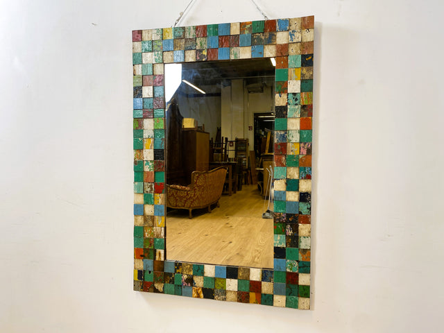 Boatwood by WMK # Bunterschöner 80x120 Wandspiegel , ein handgefertigtes Unikat aus altem Bootsholz in Originalfarben # bunter Spiegel Flurspiegel Holzrahmen Badspiegel Mirror Treibholz Bootsmöbel