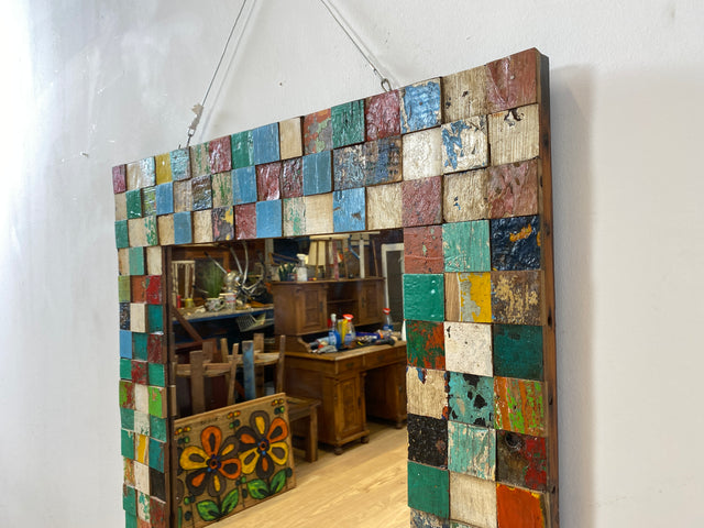Boatwood by WMK # Bunterschöner 80x120 Wandspiegel , ein handgefertigtes Unikat aus altem Bootsholz in Originalfarben # bunter Spiegel Flurspiegel Holzrahmen Badspiegel Mirror Treibholz Bootsmöbel