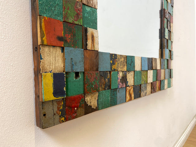 Boatwood by WMK # Bunterschöner 80x120 Wandspiegel , ein handgefertigtes Unikat aus altem Bootsholz in Originalfarben # bunter Spiegel Flurspiegel Holzrahmen Badspiegel Mirror Treibholz Bootsmöbel