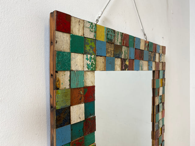 Boatwood by WMK # Bunterschöner 80x120 Wandspiegel , ein handgefertigtes Unikat aus altem Bootsholz in Originalfarben # bunter Spiegel Flurspiegel Holzrahmen Badspiegel Mirror Treibholz Bootsmöbel