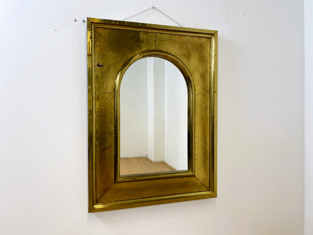 WMK # Imposanter 90x120cm großer goldener rundbogiger Vintage Wandspiegel in Art Deco Stil mit Holzrahmen ummantelt in Messing # Spiegel Mirror Goldspiegel Gold Goldrahmen Garderobe # Versand möglich