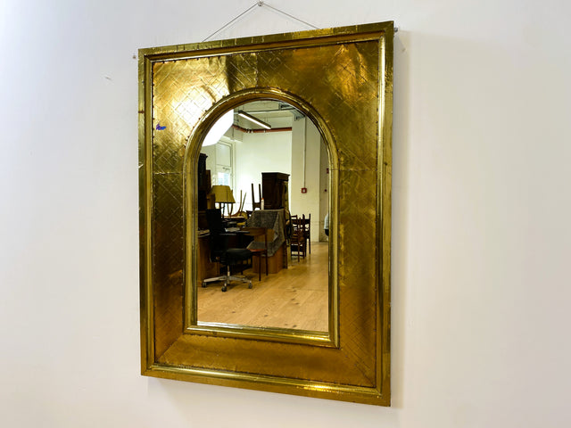 WMK # Imposanter 90x120cm großer goldener rundbogiger Vintage Wandspiegel in Art Deco Stil mit Holzrahmen ummantelt in Messing # Spiegel Mirror Goldspiegel Gold Goldrahmen Garderobe # Versand möglich