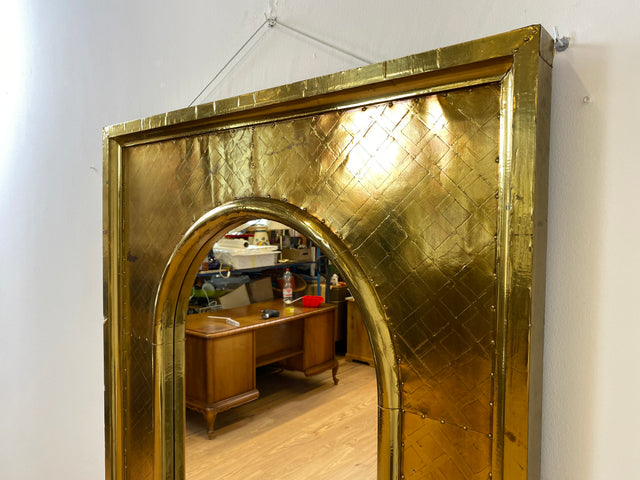 WMK # Imposanter 90x120cm großer goldener rundbogiger Vintage Wandspiegel in Art Deco Stil mit Holzrahmen ummantelt in Messing # Spiegel Mirror Goldspiegel Gold Goldrahmen Garderobe # Versand möglich
