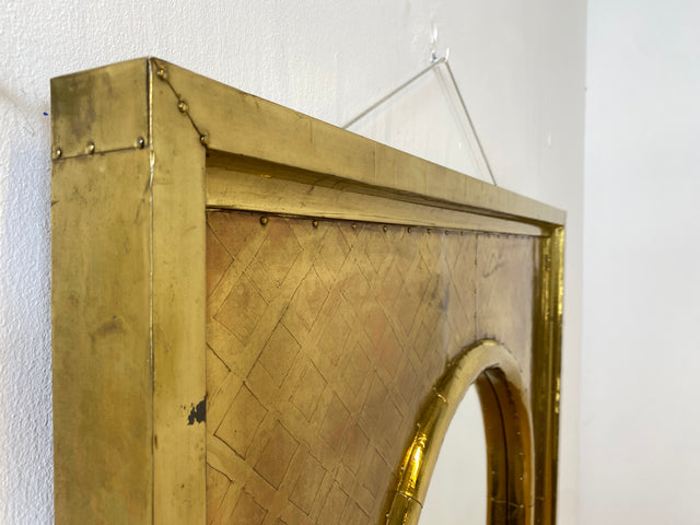 WMK # Imposanter 90x120cm großer goldener rundbogiger Vintage Wandspiegel in Art Deco Stil mit Holzrahmen ummantelt in Messing # Spiegel Mirror Goldspiegel Gold Goldrahmen Garderobe # Versand möglich