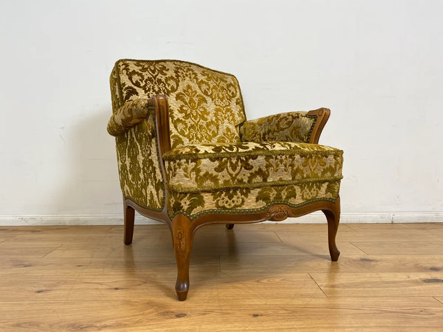 WMK # 1/2 Eleganter, gemütlicher und sehr gut erhaltener Chippendale Sessel mit wunderbarem Brokat Bezug & handverziertem Holzrahmen # Lesesessel Armchair Sitzgarnitur Stilmöbel Barock Rokoko Vintage