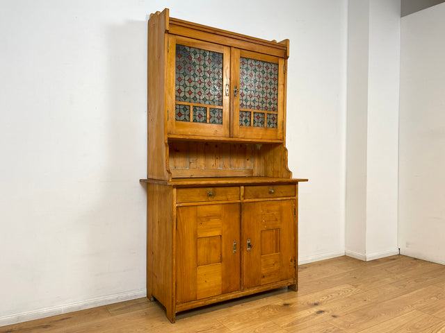 WMK I Wunderschöne antike Anrichte aus vollem Holz mit bunter floraler Bleiverglasung I Schrank Büffet Büfett Küchenschrank Küchenanrichte Jugendstil Vintage Bauern Weichholz Berlin Hannover Dresden