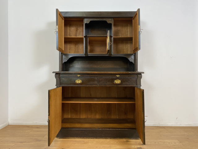 WMK # Imposante antike Anrichte aus massiver Eiche mit Messingbeschlägen & facettiertem Glas # Buffet Büfett Küchenanrichte Kredenz Geschirrschrank Küche Vitrine Schrank Gründerzeit Jugendstil Vintage