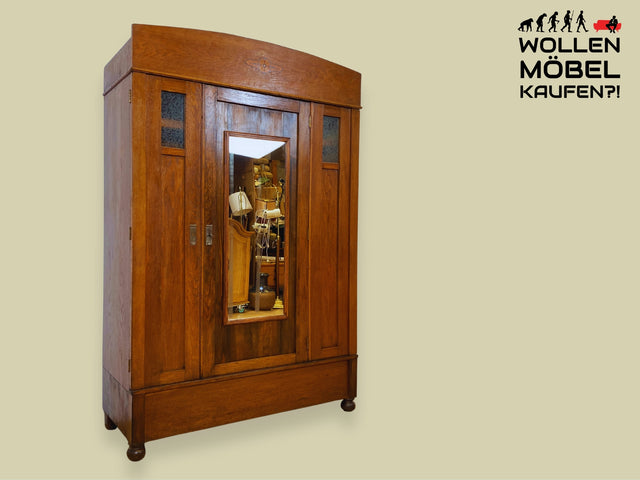 WMK I Schöner antiker Kleiderschrank aus vollem Holz mit Spiegel , Intarsien & Glas I Schrank Schlafzimmerschrank Wardrobe Dielenschrank Bauernschrank Vertiko Jugendstil Vintage Berlin Dresden Köln