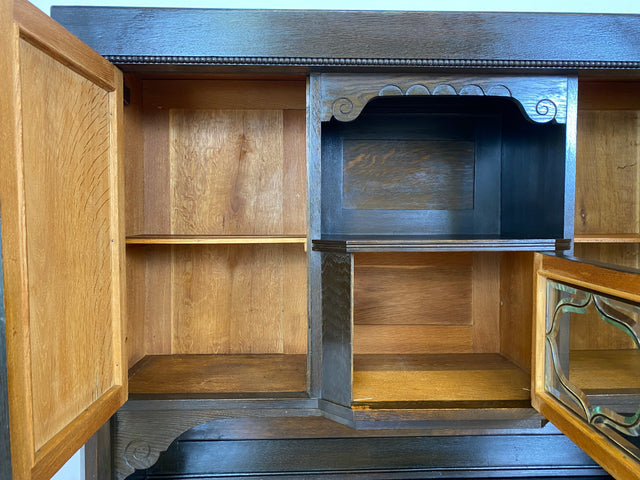 WMK # Imposante antike Anrichte aus massiver Eiche mit Messingbeschlägen & facettiertem Glas # Buffet Büfett Küchenanrichte Kredenz Geschirrschrank Küche Vitrine Schrank Gründerzeit Jugendstil Vintage