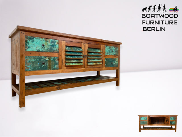 Boatwood by WMK I Besondere Anrichte aus altem Bootsholz I handgefertigtes Unikat I Teakholz massiv I Schrank Sideboard Kommode Tresen Küchenschrank Büfett Buffet Flurkommode Berlin Rostock Hamburg