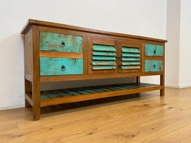 Boatwood by WMK # Einzigartige 180cm Anrichte aus altem Bootsholz, ein handgefertigtes Unikat aus massivem Teakholz # Schrank Sideboard Kommode Küchenanrichte Küchenschrank Geschirrschrank Flurschrank