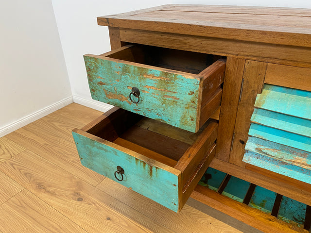 Boatwood by WMK # Einzigartige 180cm Anrichte aus altem Bootsholz, ein handgefertigtes Unikat aus massivem Teakholz # Schrank Sideboard Kommode Küchenanrichte Küchenschrank Geschirrschrank Flurschrank