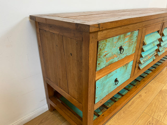 Boatwood by WMK # Einzigartige 180cm Anrichte aus altem Bootsholz, ein handgefertigtes Unikat aus massivem Teakholz # Schrank Sideboard Kommode Küchenanrichte Küchenschrank Geschirrschrank Flurschrank