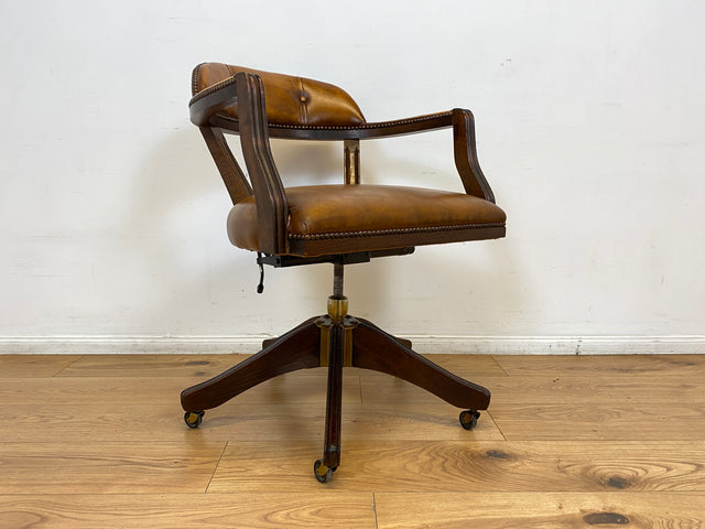 WMK I Stilvoller und sehr rarer Art Deco Schreibtischstuhl mit cognacbraunem Leder, neig- und höhenverstellbar I Drehstuhl Drehsessel Sessel Chefsessel Stuhl Office Chair Antik Vintage 20er 30er Leder