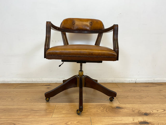 WMK I Stilvoller und sehr rarer Art Deco Schreibtischstuhl mit cognacbraunem Leder, neig- und höhenverstellbar I Drehstuhl Drehsessel Sessel Chefsessel Stuhl Office Chair Antik Vintage 20er 30er Leder