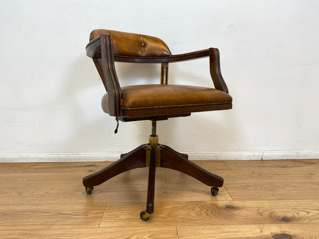 WMK I Stilvoller und sehr rarer Art Deco Schreibtischstuhl mit cognacbraunem Leder, neig- und höhenverstellbar I Drehstuhl Drehsessel Sessel Chefsessel Stuhl Office Chair Antik Vintage 20er 30er Leder