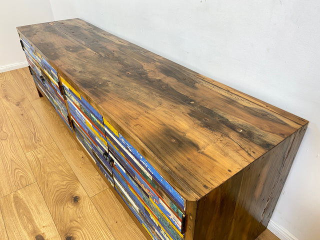Boatwood by WMK # Besonders schönes 200cm langes Sideboard aus altem Bootsholz, ein handgefertigtes Unikat aus massivem Teakholz # Kommode Lowboard TV Bank Board Anrichte Bootsmöbel Rostock Kiel Slyt