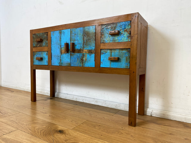 Boatwood by WMK I Meeresblaue Kommode aus altem Bootsholz in Originalfarben mit Schubladen I Teakholz massiv I Schrank Sideboard Garderobe Flurkommode Konsole Teak Bootsmöbel I Köln Hannover Bremen