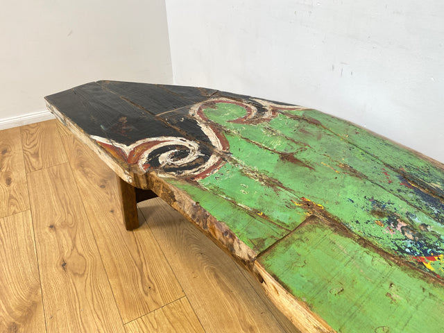 Boatwood by WMK I Robuste Bank aus altem Bootsholz I handgefertigtes Unikat mit Originalfarben I Teakholz massiv in Originalfarbe I Holzbank Bench Küchenbank Sitz Balkon Garten Möbel Treibholz Loft