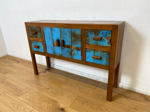 Boatwood by WMK I Meeresblaue Kommode aus altem Bootsholz in Originalfarben mit Schubladen I Teakholz massiv I Schrank Sideboard Garderobe Flurkommode Konsole Teak Bootsmöbel I Köln Hannover Bremen