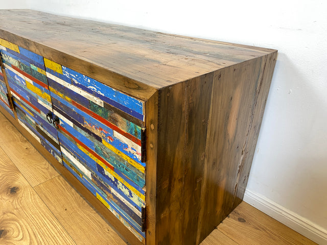 Boatwood by WMK # Besonders schönes 200cm langes Sideboard aus altem Bootsholz, ein handgefertigtes Unikat aus massivem Teakholz # Kommode Lowboard TV Bank Board Anrichte Bootsmöbel Rostock Kiel Slyt