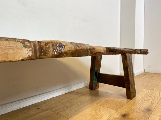 Boatwood by WMK I Robuste Bank aus altem Bootsholz I handgefertigtes Unikat mit Originalfarben I Teakholz massiv in Originalfarbe I Holzbank Bench Küchenbank Sitz Balkon Garten Möbel Treibholz Loft