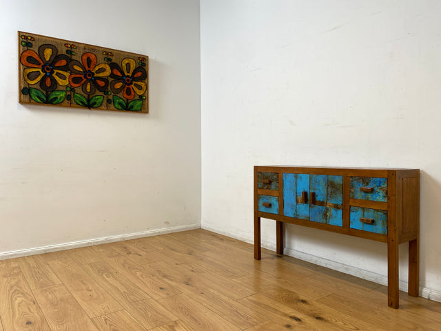 Boatwood by WMK I Meeresblaue Kommode aus altem Bootsholz in Originalfarben mit Schubladen I Teakholz massiv I Schrank Sideboard Garderobe Flurkommode Konsole Teak Bootsmöbel I Köln Hannover Bremen