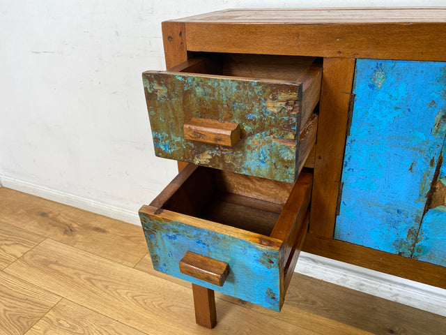 Boatwood by WMK I Meeresblaue Kommode aus altem Bootsholz in Originalfarben mit Schubladen I Teakholz massiv I Schrank Sideboard Garderobe Flurkommode Konsole Teak Bootsmöbel I Köln Hannover Bremen