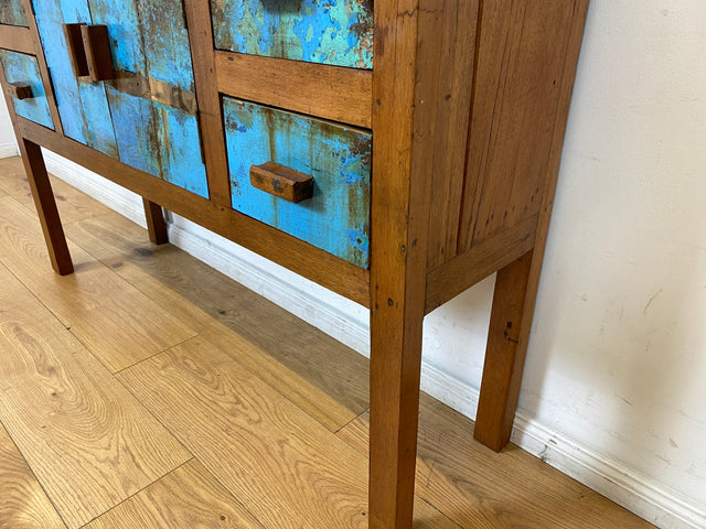 Boatwood by WMK I Meeresblaue Kommode aus altem Bootsholz in Originalfarben mit Schubladen I Teakholz massiv I Schrank Sideboard Garderobe Flurkommode Konsole Teak Bootsmöbel I Köln Hannover Bremen