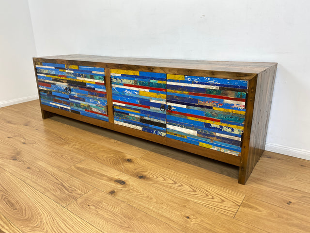 Boatwood by WMK # Besonders schönes 200cm langes Sideboard aus altem Bootsholz, ein handgefertigtes Unikat aus massivem Teakholz # Kommode Lowboard TV Bank Board Anrichte Bootsmöbel Rostock Kiel Slyt