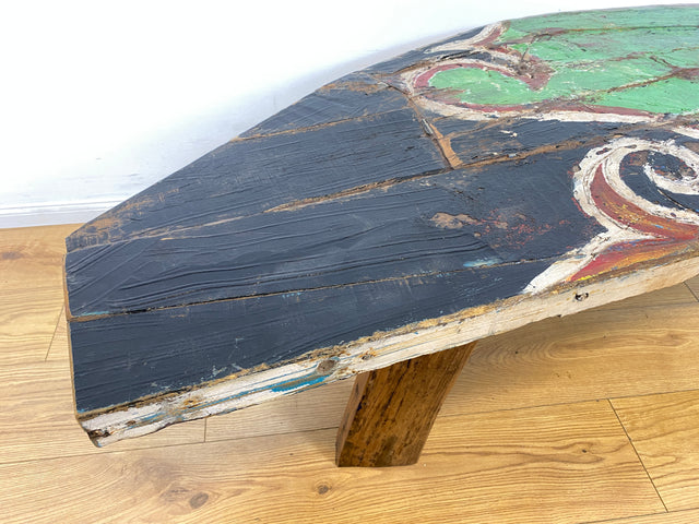 Boatwood by WMK I Robuste Bank aus altem Bootsholz I handgefertigtes Unikat mit Originalfarben I Teakholz massiv in Originalfarbe I Holzbank Bench Küchenbank Sitz Balkon Garten Möbel Treibholz Loft