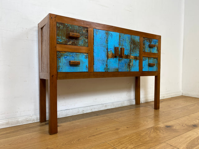 Boatwood by WMK I Meeresblaue Kommode aus altem Bootsholz in Originalfarben mit Schubladen I Teakholz massiv I Schrank Sideboard Garderobe Flurkommode Konsole Teak Bootsmöbel I Köln Hannover Bremen