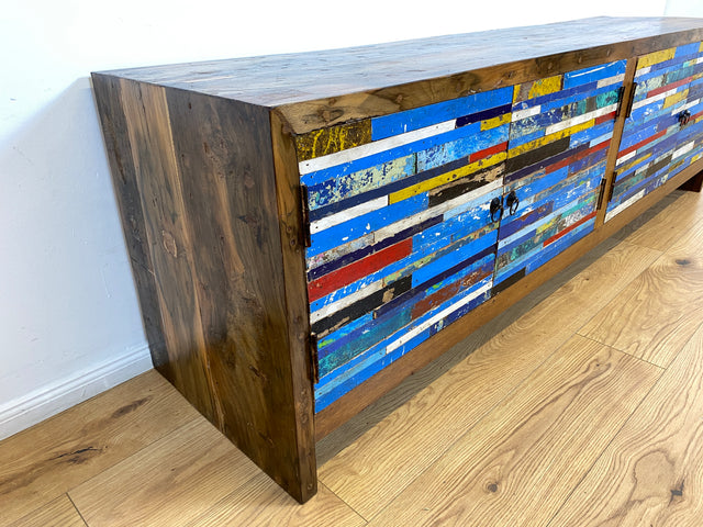 Boatwood by WMK # Besonders schönes 200cm langes Sideboard aus altem Bootsholz, ein handgefertigtes Unikat aus massivem Teakholz # Kommode Lowboard TV Bank Board Anrichte Bootsmöbel Rostock Kiel Slyt