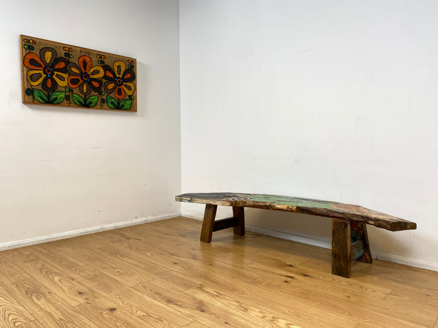 Boatwood by WMK I Robuste Bank aus altem Bootsholz I handgefertigtes Unikat mit Originalfarben I Teakholz massiv in Originalfarbe I Holzbank Bench Küchenbank Sitz Balkon Garten Möbel Treibholz Loft