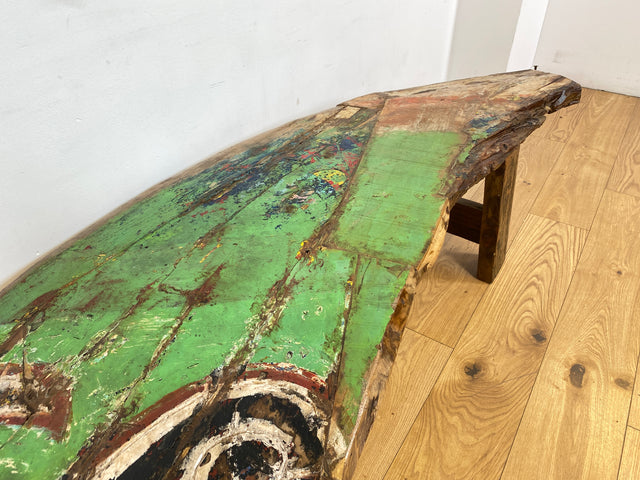 Boatwood by WMK I Robuste Bank aus altem Bootsholz I handgefertigtes Unikat mit Originalfarben I Teakholz massiv in Originalfarbe I Holzbank Bench Küchenbank Sitz Balkon Garten Möbel Treibholz Loft