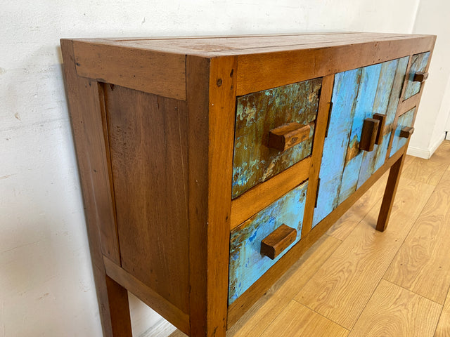 Boatwood by WMK I Meeresblaue Kommode aus altem Bootsholz in Originalfarben mit Schubladen I Teakholz massiv I Schrank Sideboard Garderobe Flurkommode Konsole Teak Bootsmöbel I Köln Hannover Bremen