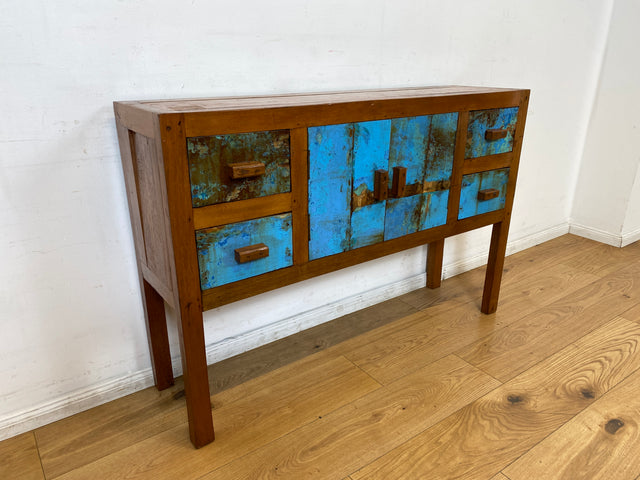 Boatwood by WMK I Meeresblaue Kommode aus altem Bootsholz in Originalfarben mit Schubladen I Teakholz massiv I Schrank Sideboard Garderobe Flurkommode Konsole Teak Bootsmöbel I Köln Hannover Bremen