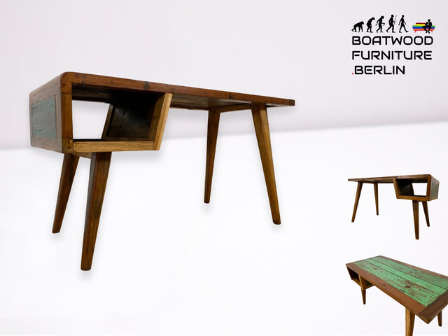 Boatwood by WMK I Einzigartiger freistehender Schreibtisch handgefertigt aus altem Bootsholz I Teakholz massiv I Arbeitstisch Desk Sekretär Bürotisch Computertisch Treibholz I Berlin Bayern Flensburg