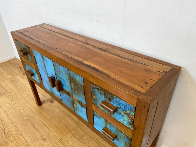 Boatwood by WMK I Meeresblaue Kommode aus altem Bootsholz in Originalfarben mit Schubladen I Teakholz massiv I Schrank Sideboard Garderobe Flurkommode Konsole Teak Bootsmöbel I Köln Hannover Bremen